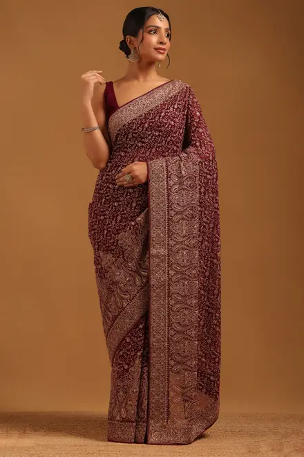 wine georgette botanical saree with machine embroidery